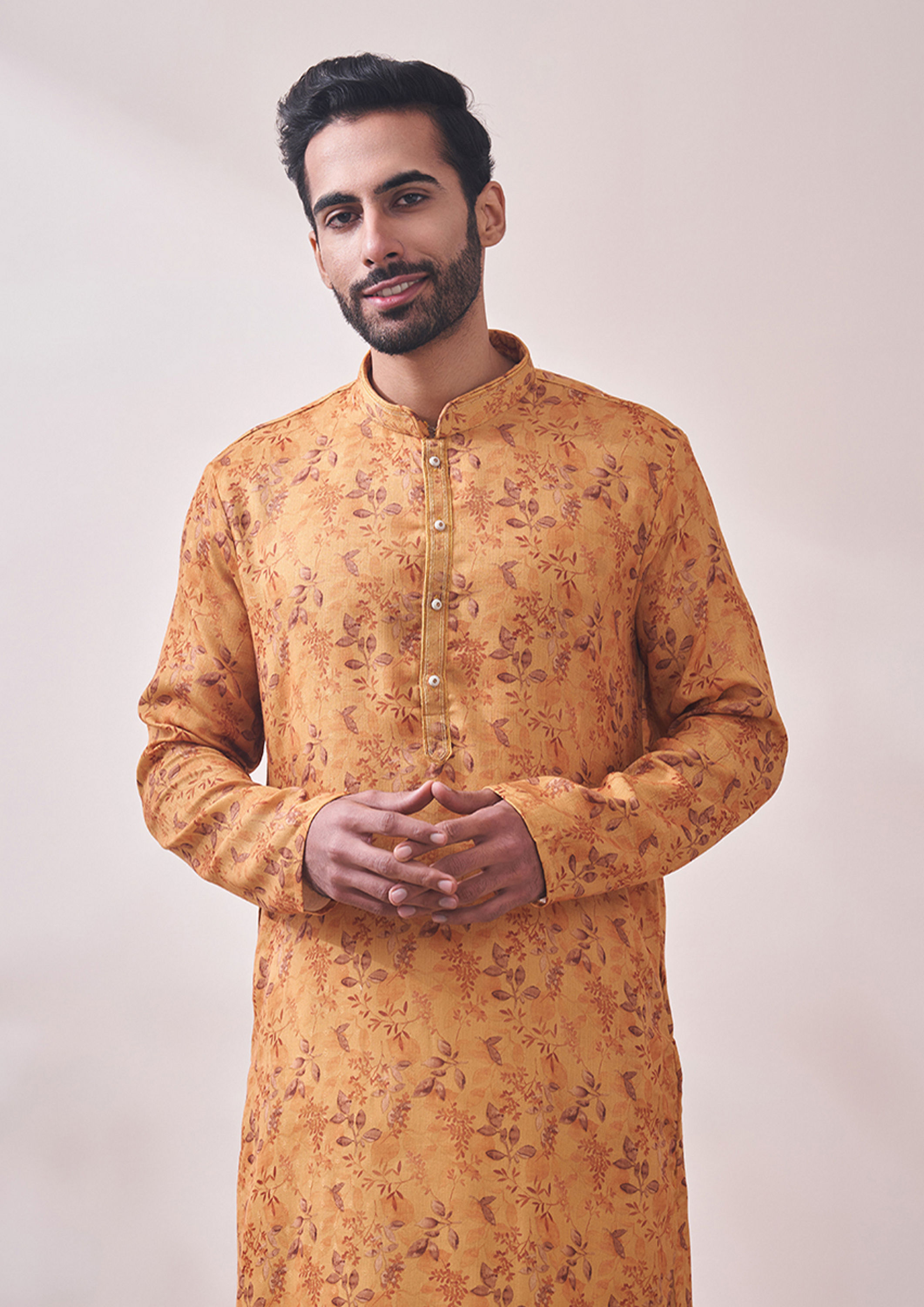 Twamev Men Light Orange Printed Kurta Set
