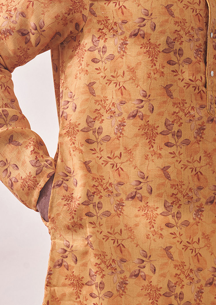 Twamev Men Light Orange Printed Kurta Set