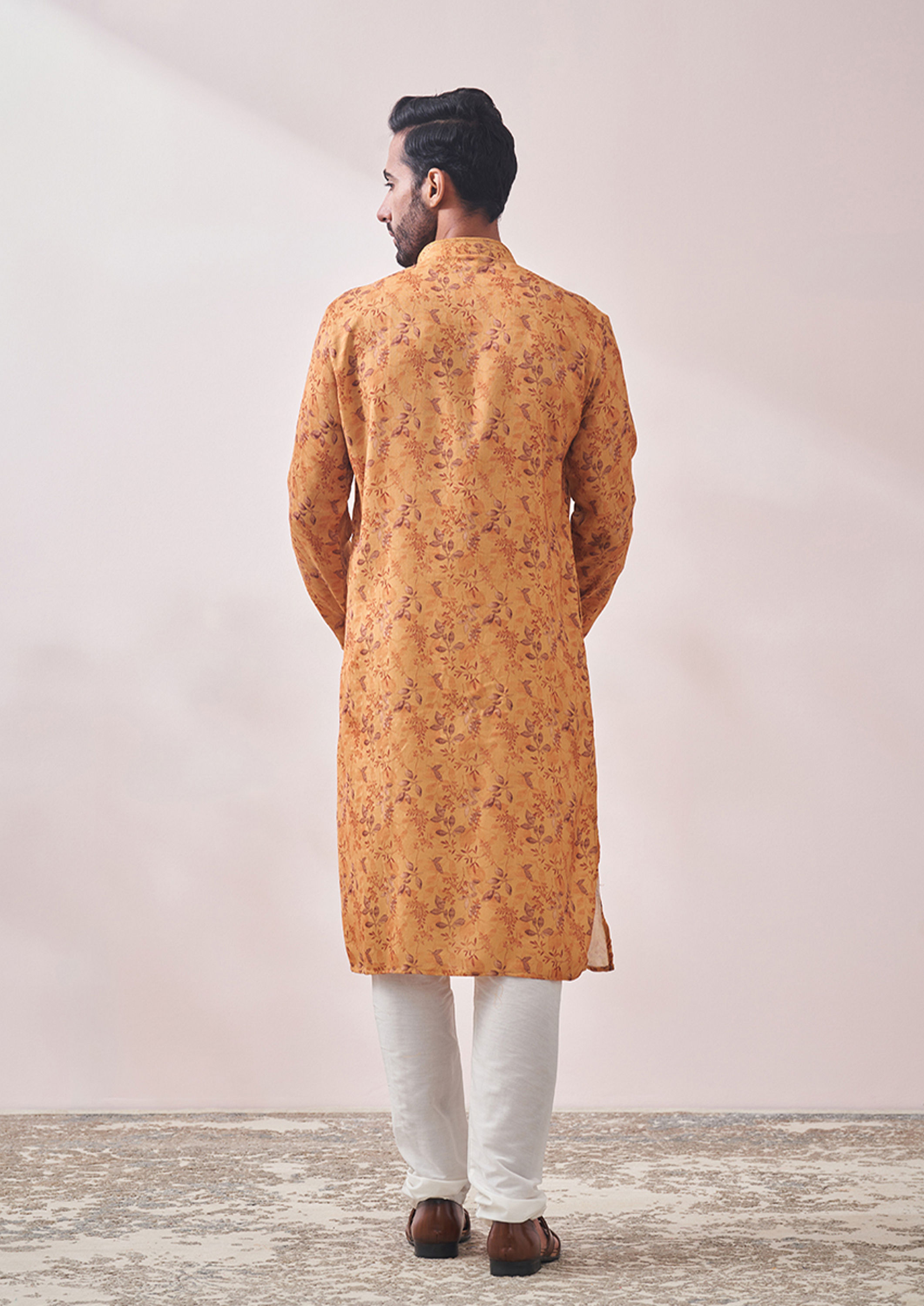 Twamev Men Light Orange Printed Kurta Set