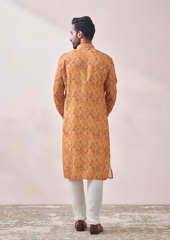 Twamev Men Light Orange Printed Kurta Set
