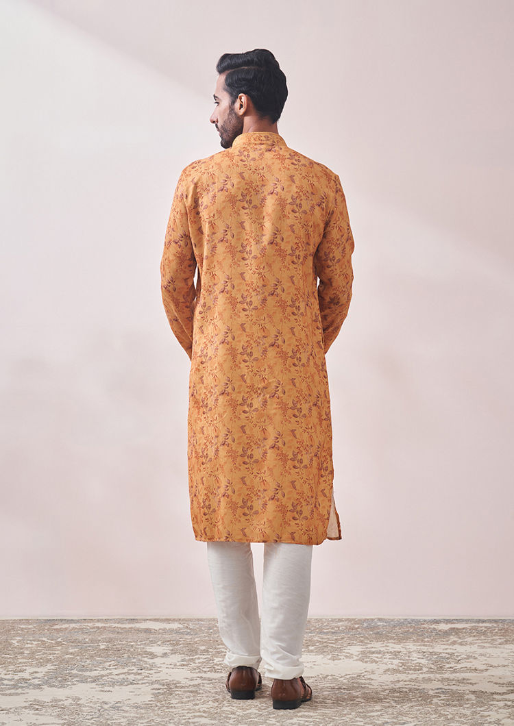 Twamev Men Light Orange Printed Kurta Set