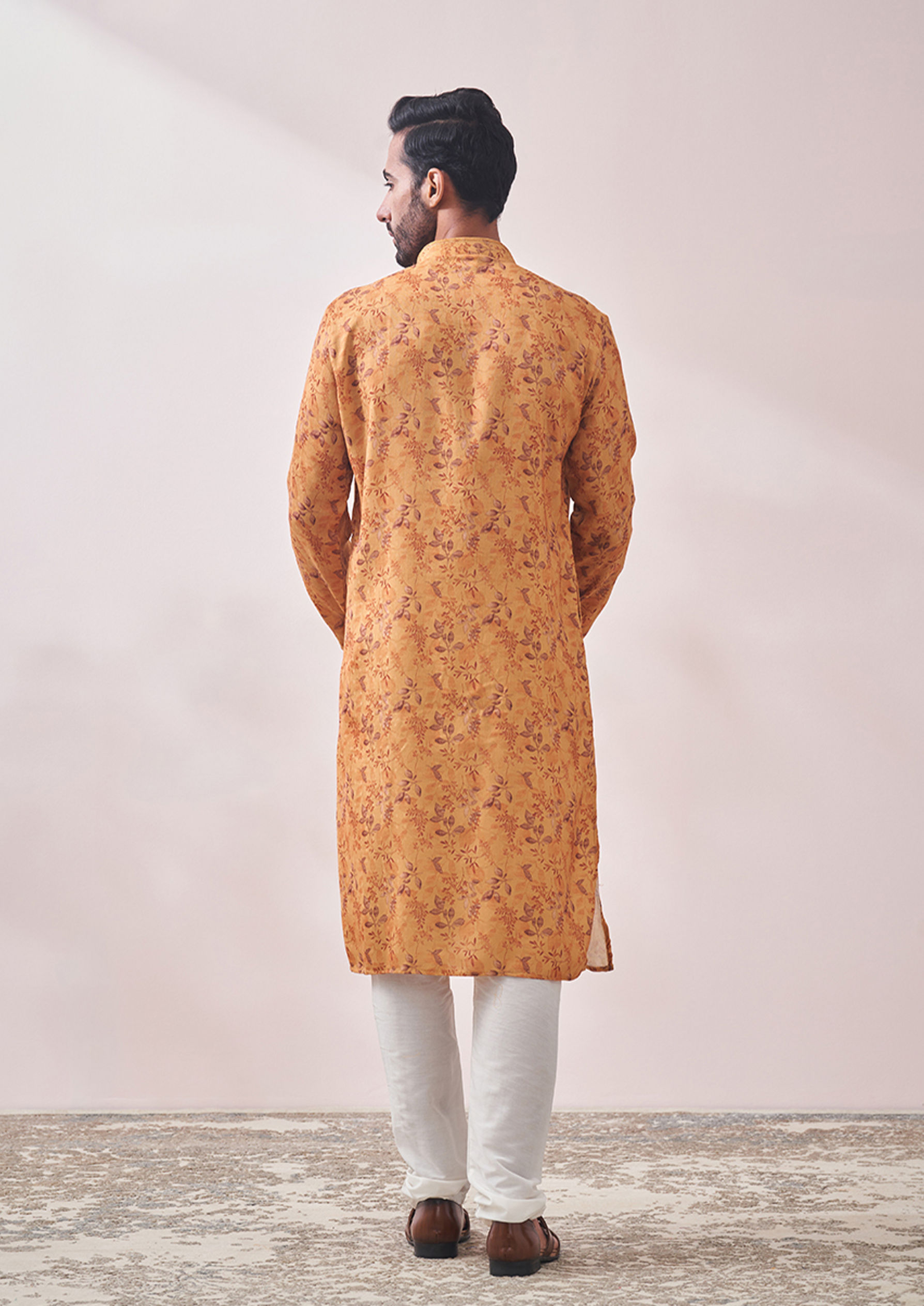 Twamev Men Light Orange Printed Kurta Set