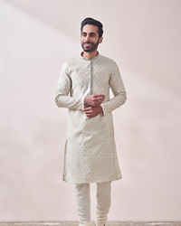 Twamev Men Minimal Cream Jacquard Kurta Set