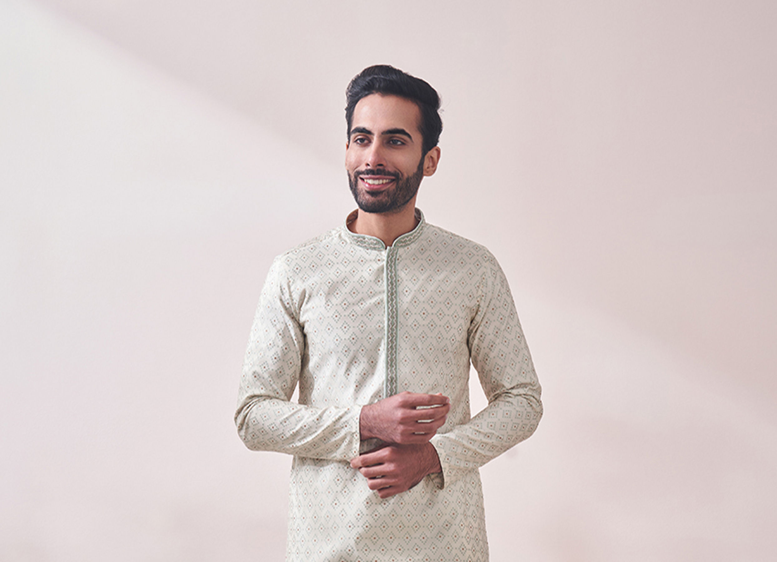 Twamev Men Minimal Cream Jacquard Kurta Set