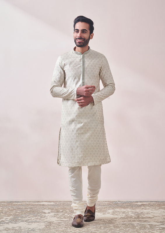 Twamev Men Minimal Cream Jacquard Kurta Set