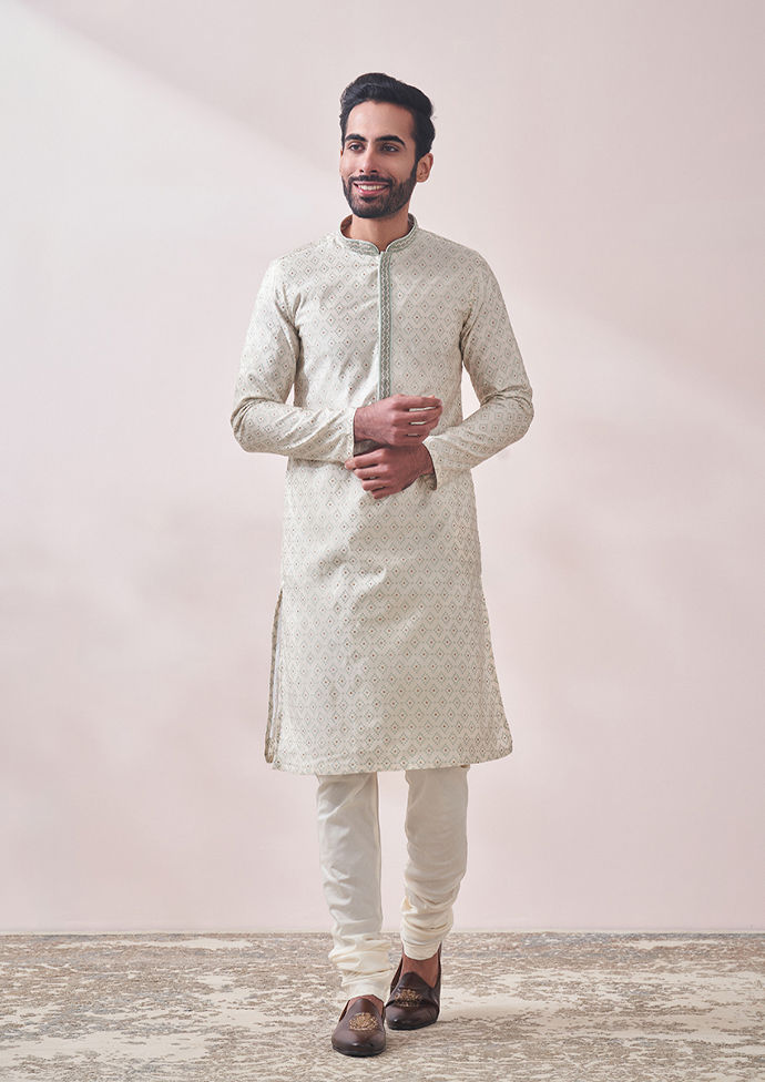 Twamev Men Minimal Cream Jacquard Kurta Set