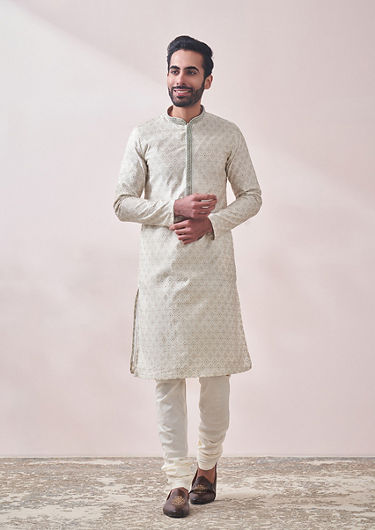 alt message - Twamev Men Minimal Cream Jacquard Kurta Set image number 1