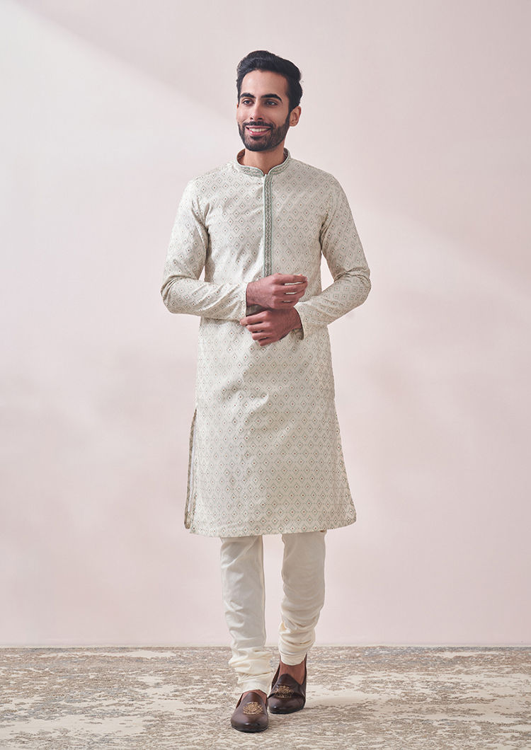 Twamev Men Minimal Cream Jacquard Kurta Set