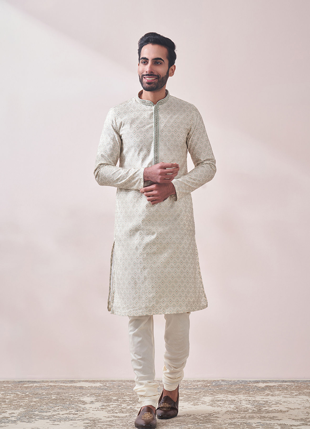 Twamev Men Minimal Cream Jacquard Kurta Set