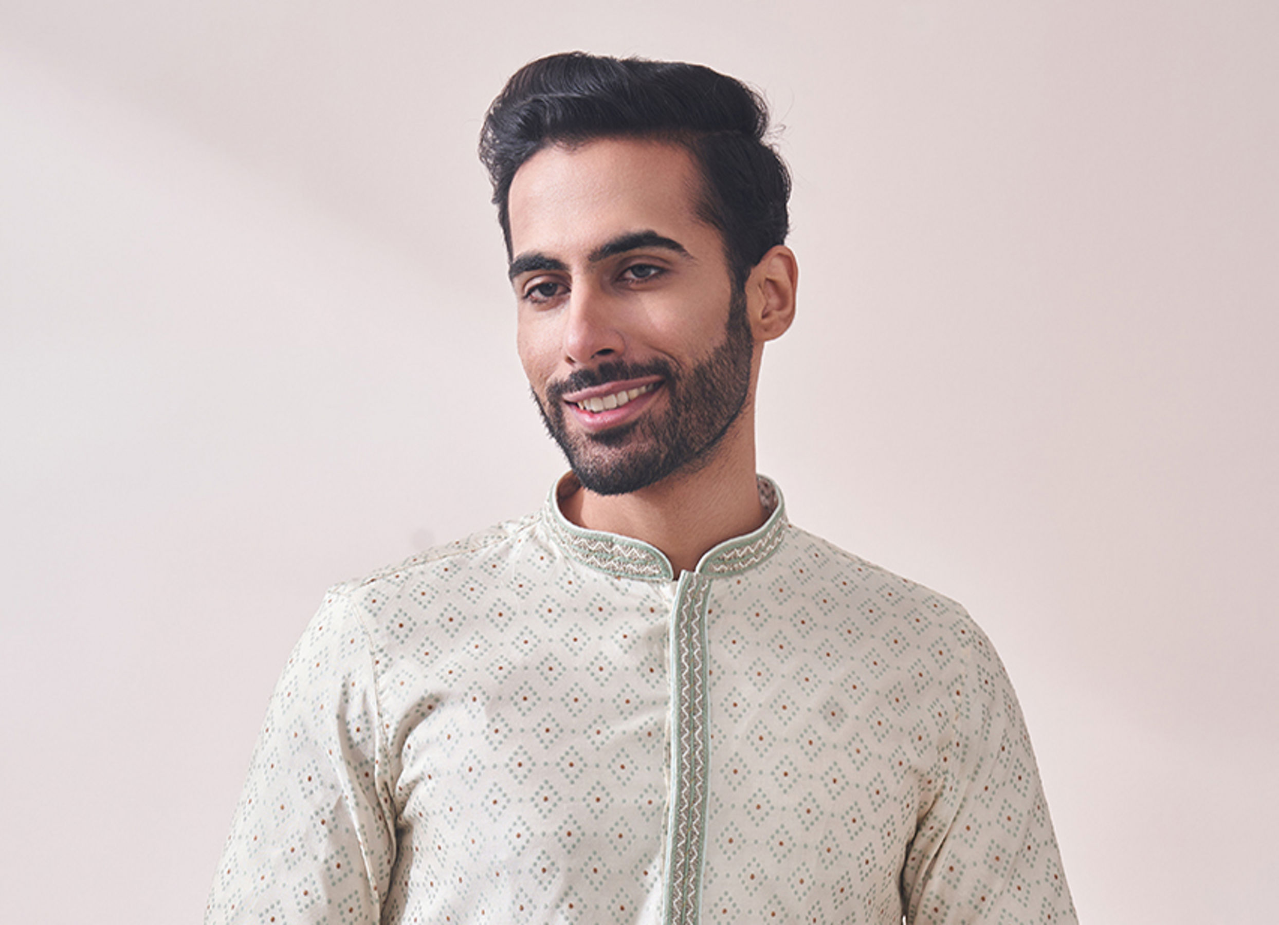 Twamev Men Minimal Cream Jacquard Kurta Set