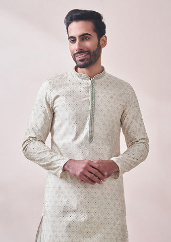 alt message - Twamev Men Minimal Cream Jacquard Kurta Set image number 0