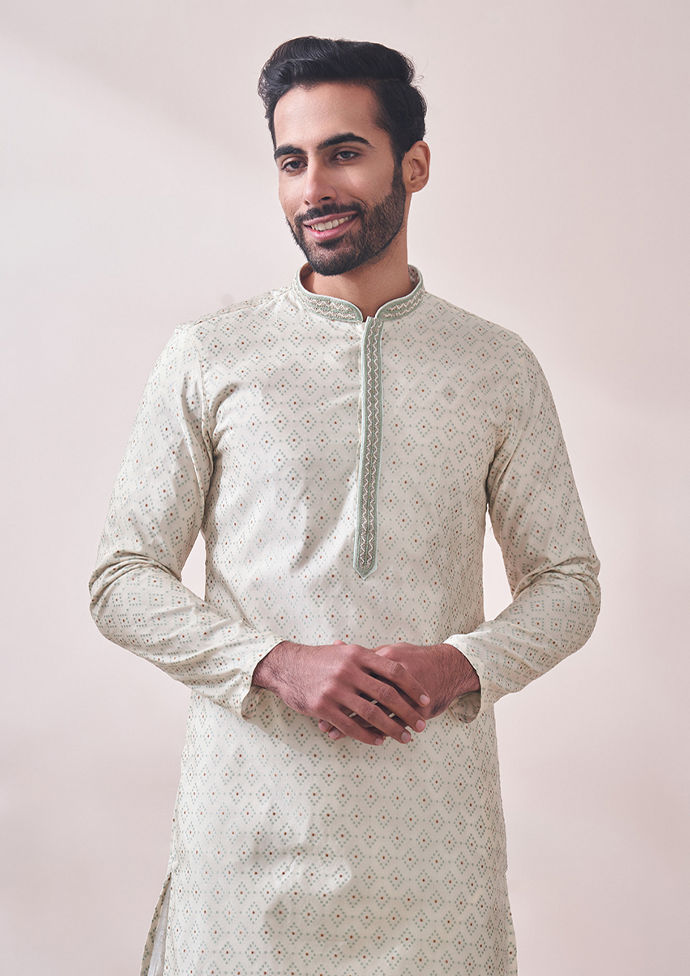 Twamev Men Minimal Cream Jacquard Kurta Set