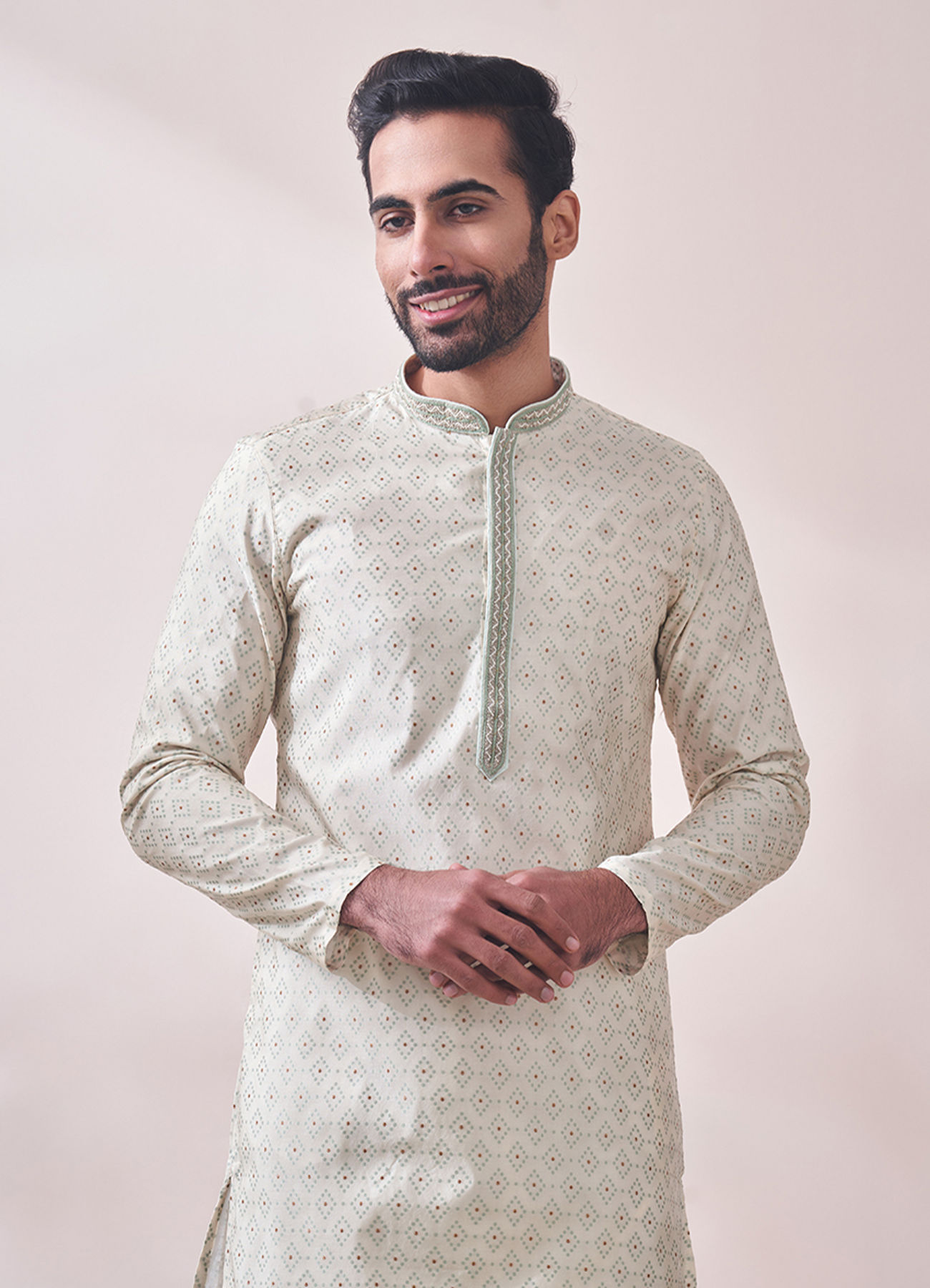 Twamev Men Minimal Cream Jacquard Kurta Set