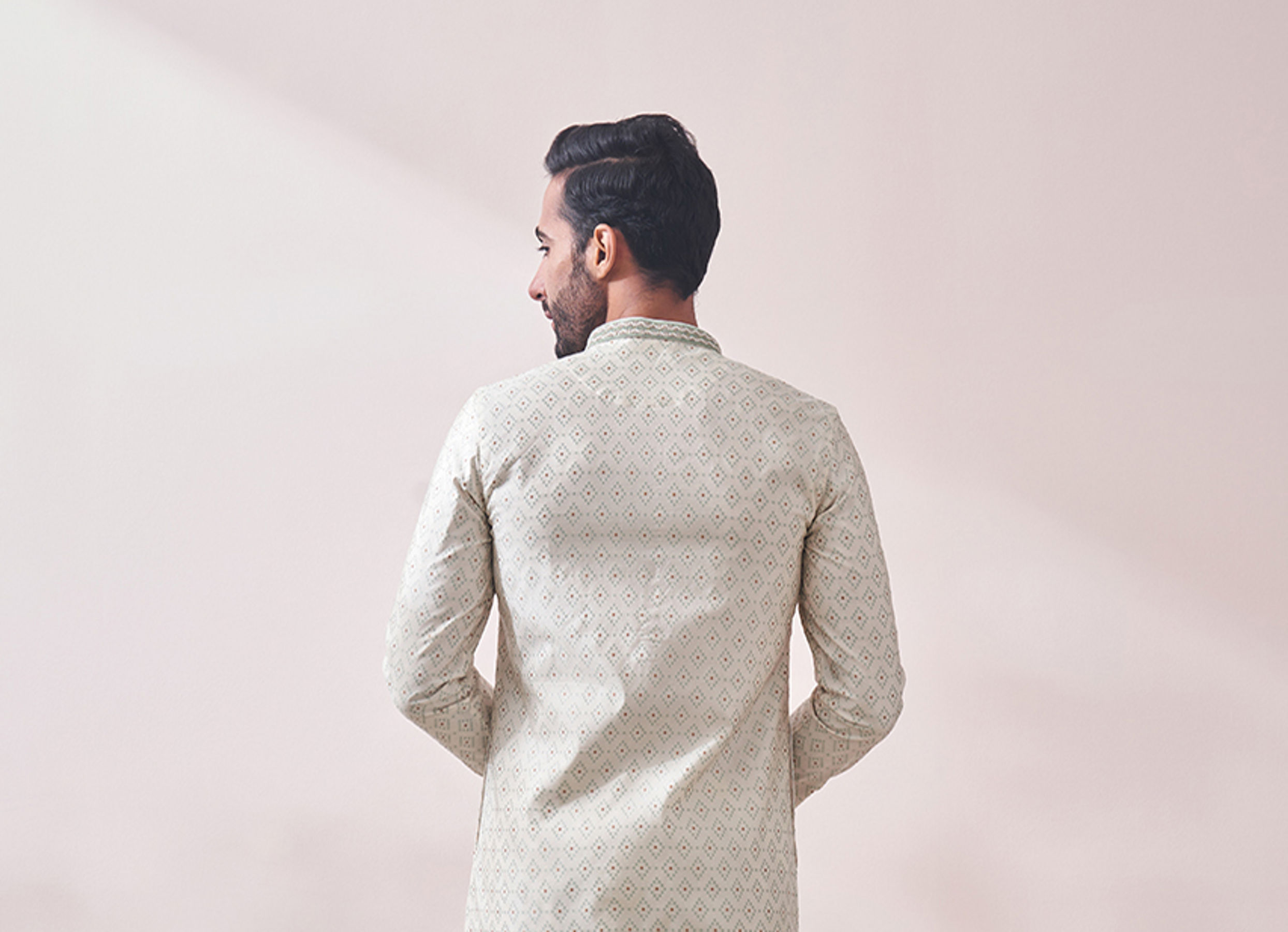 Twamev Men Minimal Cream Jacquard Kurta Set