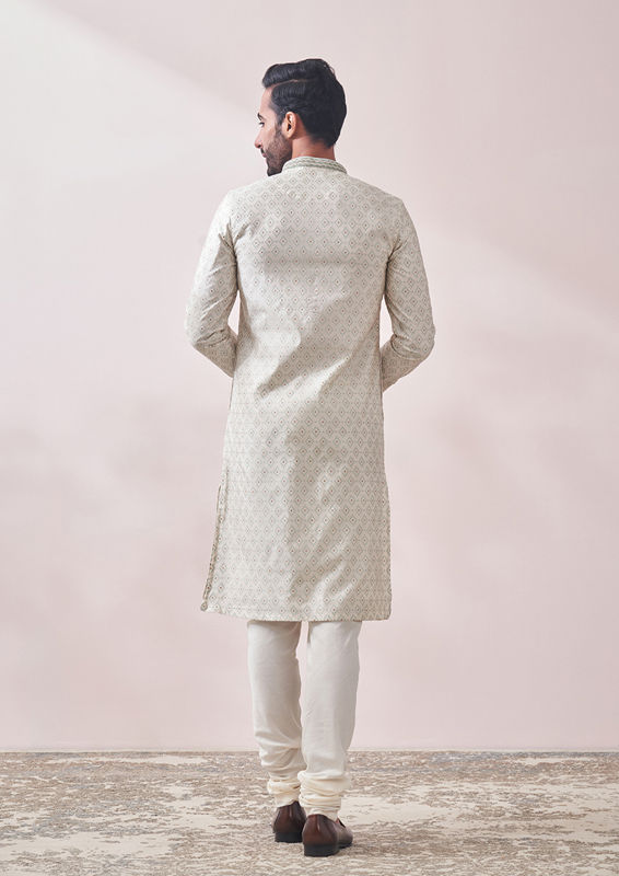 Twamev Men Minimal Cream Jacquard Kurta Set image number 3