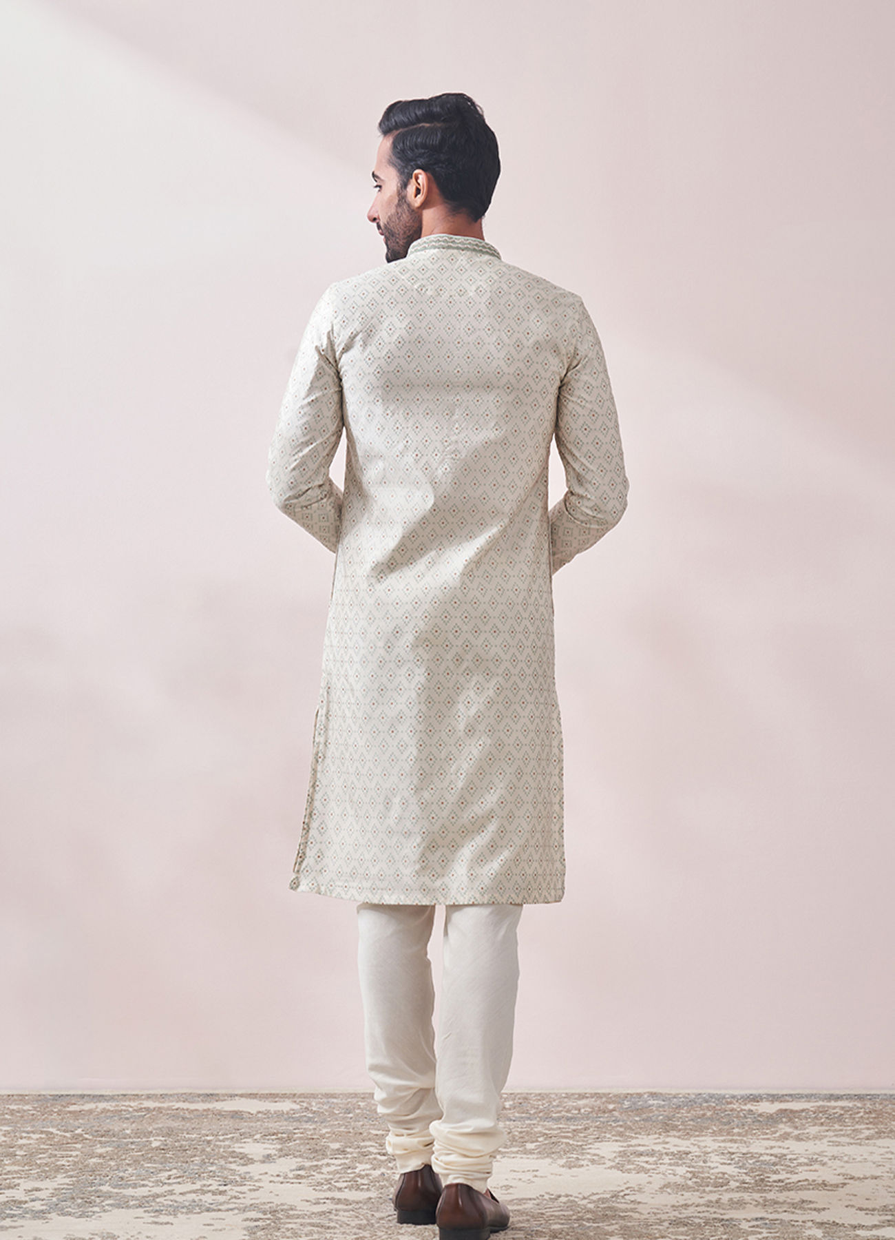 Twamev Men Minimal Cream Jacquard Kurta Set