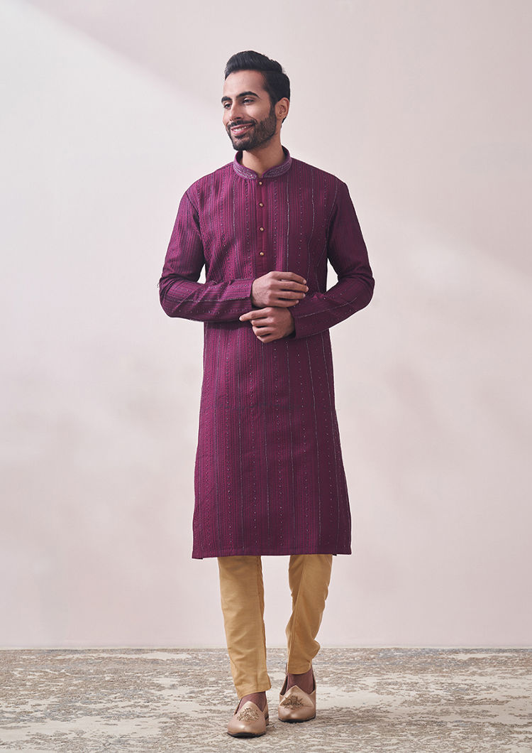 Twamev Men Berry Wine Self Design Kurta Set