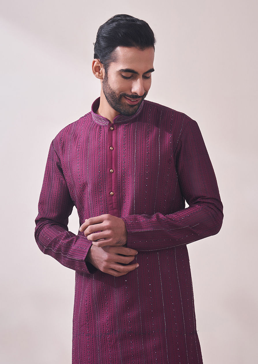 alt message - Twamev Men Berry Wine Self Design Kurta Set image number 0