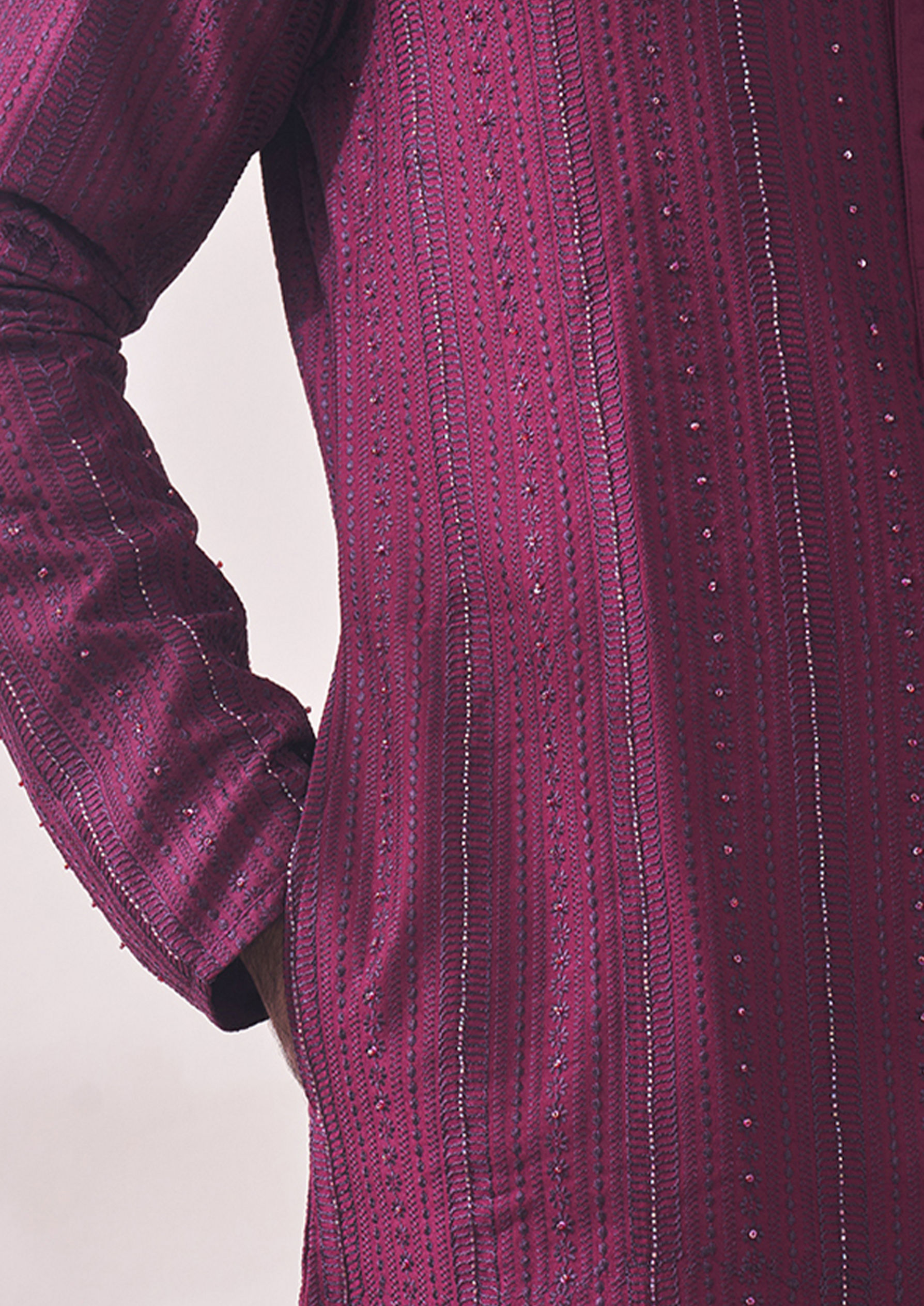 Twamev Men Berry Wine Self Design Kurta Set