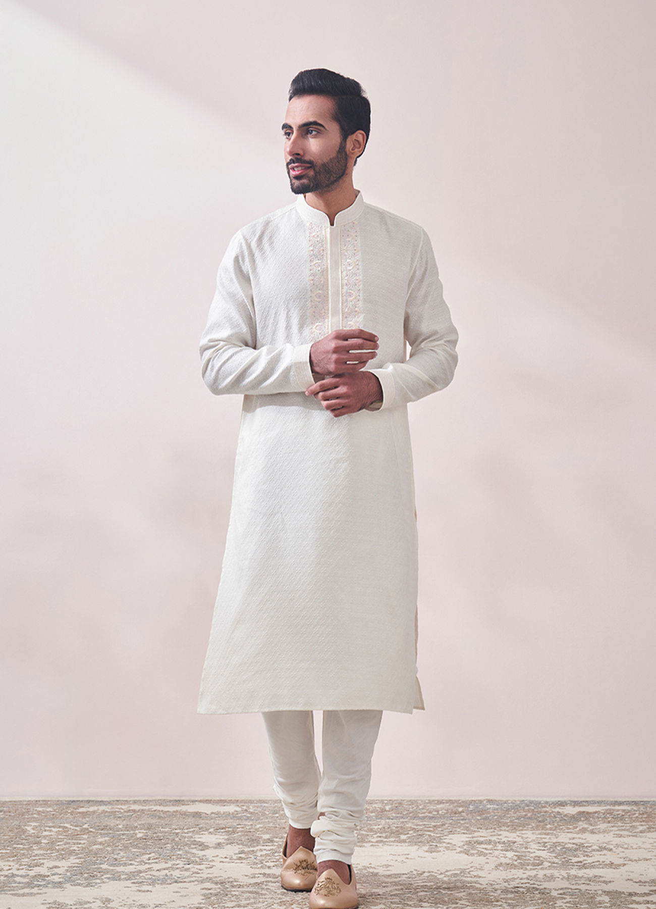Twamev Men Ivory White Jacquard Kurta Set