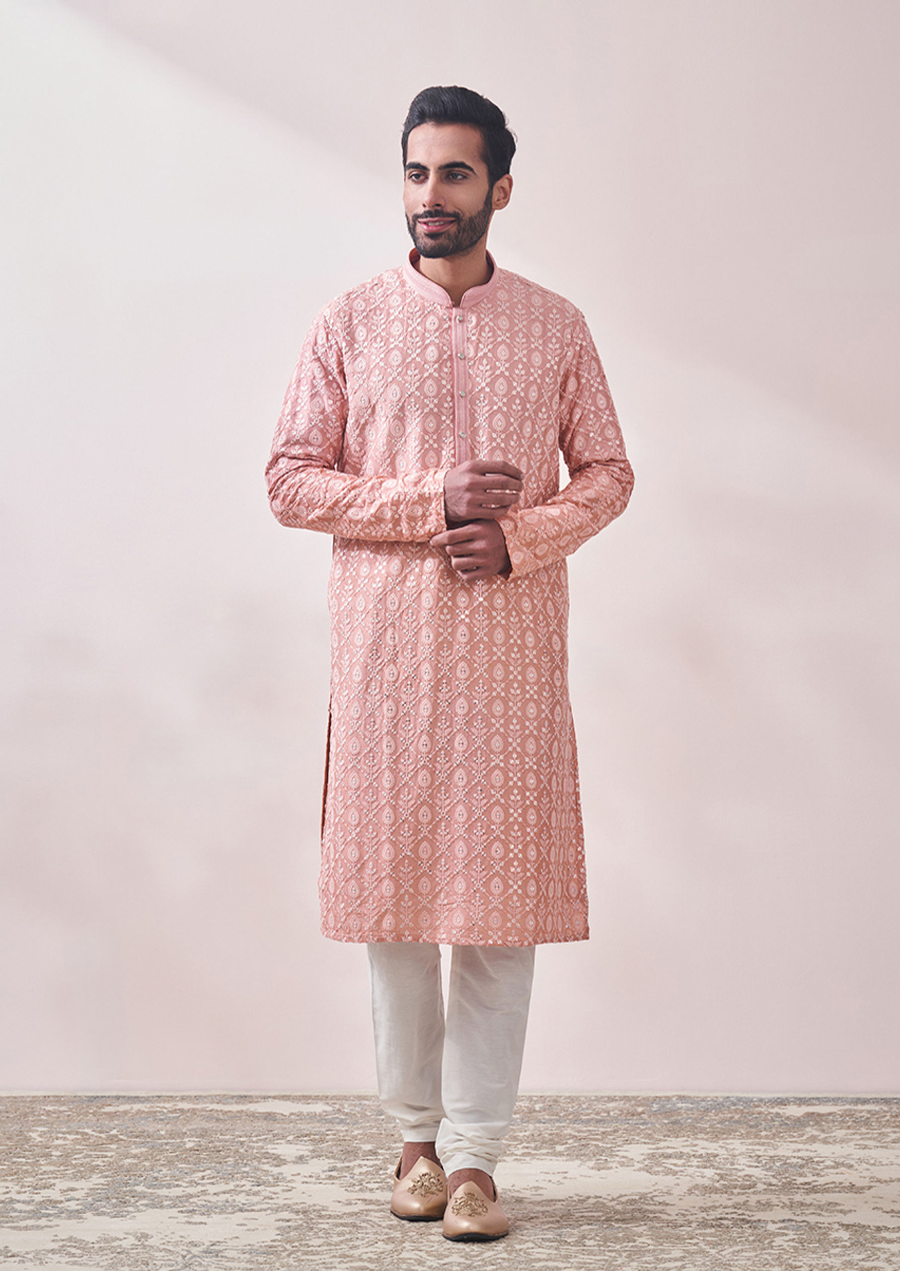 alt message - Twamev Men Rose Quartz Pink Mirror Work Kurta Set image number 1