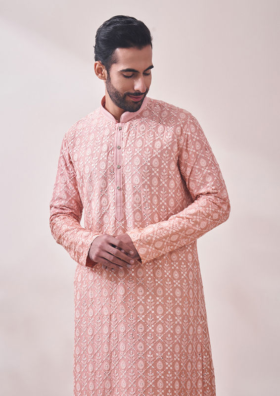 Twamev Men Rose Quartz Pink Mirror Work Kurta Set