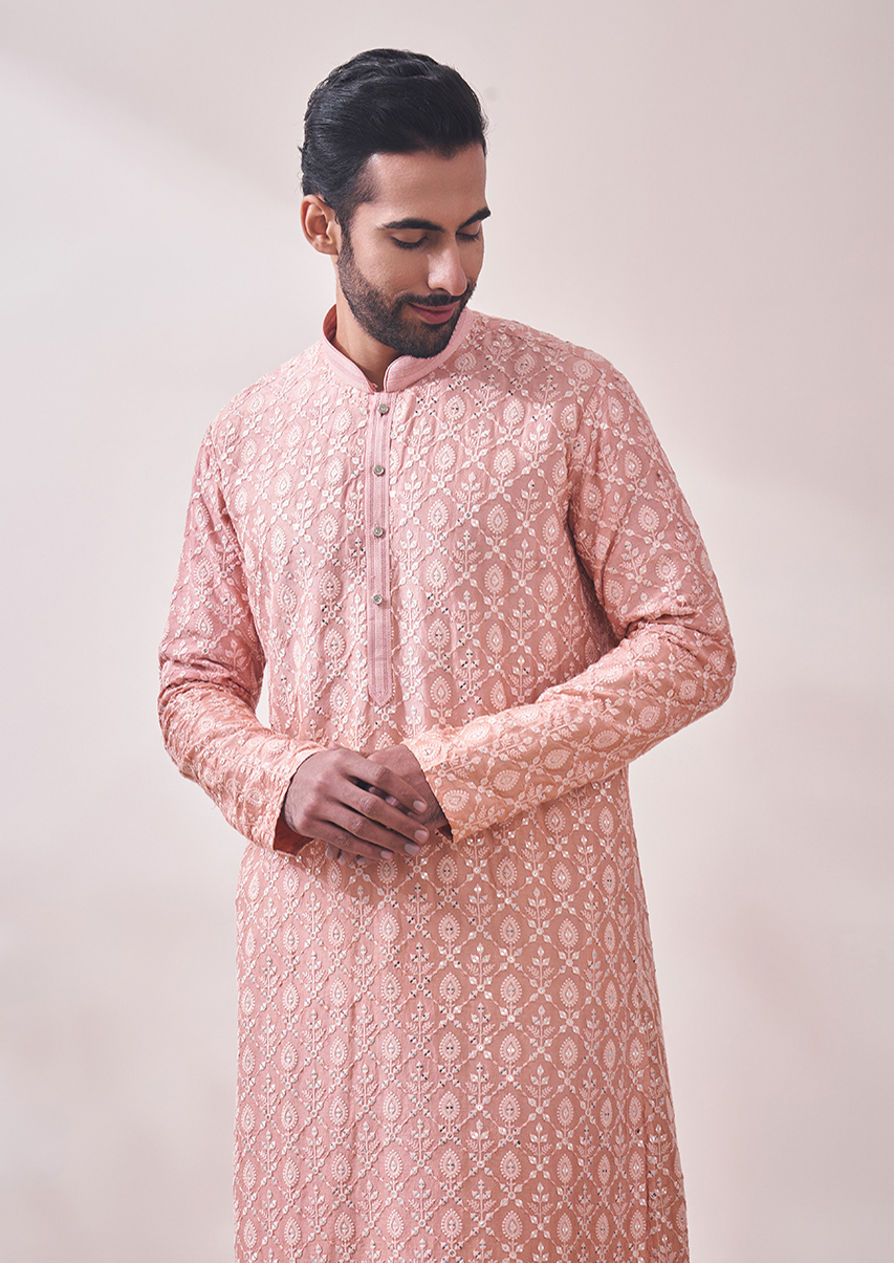 alt message - Twamev Men Rose Quartz Pink Mirror Work Kurta Set image number 0