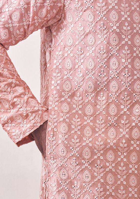 Twamev Men Rose Quartz Pink Mirror Work Kurta Set
