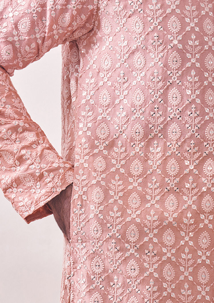 Twamev Men Rose Quartz Pink Mirror Work Kurta Set