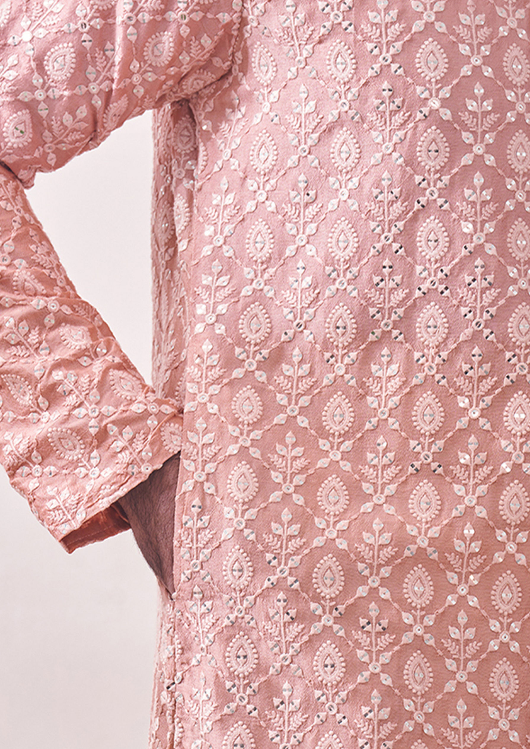Twamev Men Rose Quartz Pink Mirror Work Kurta Set