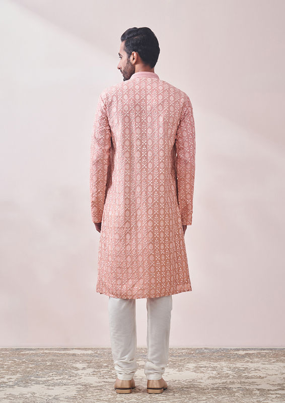 Twamev Men Rose Quartz Pink Mirror Work Kurta Set