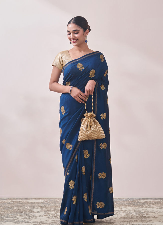 Mohey Women Teal Blue Patterned Saree image number 0