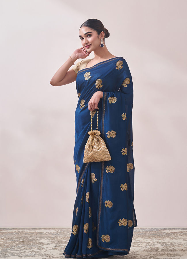 Mohey Women Teal Blue Patterned Saree image number 3