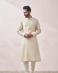 Twamev Men Vanilla Cream Jacquard Kurta Set