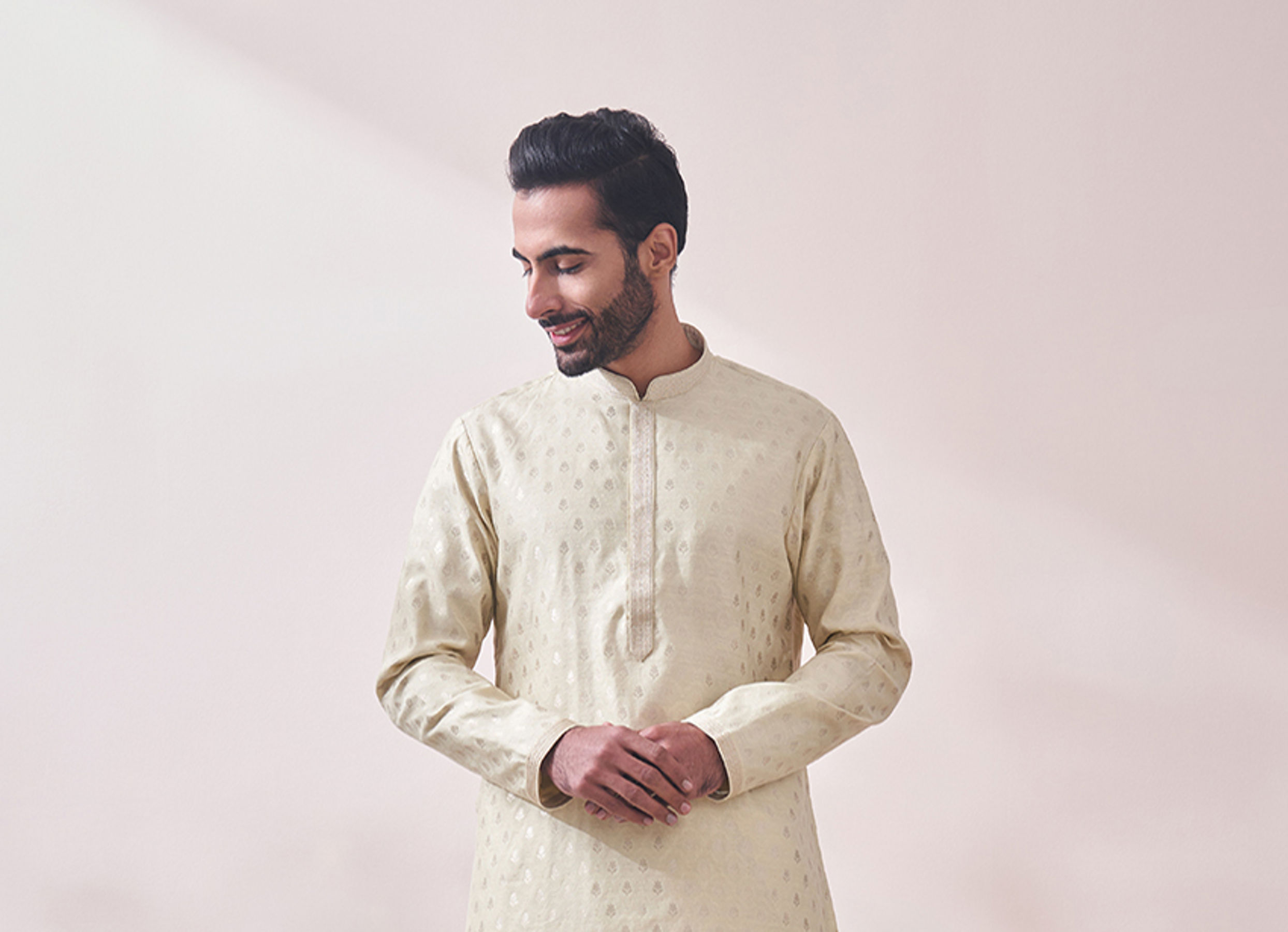 Twamev Men Vanilla Cream Jacquard Kurta Set