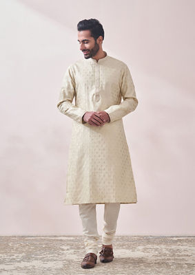 alt message - Twamev Men Vanilla Cream Jacquard Kurta Set image number 1