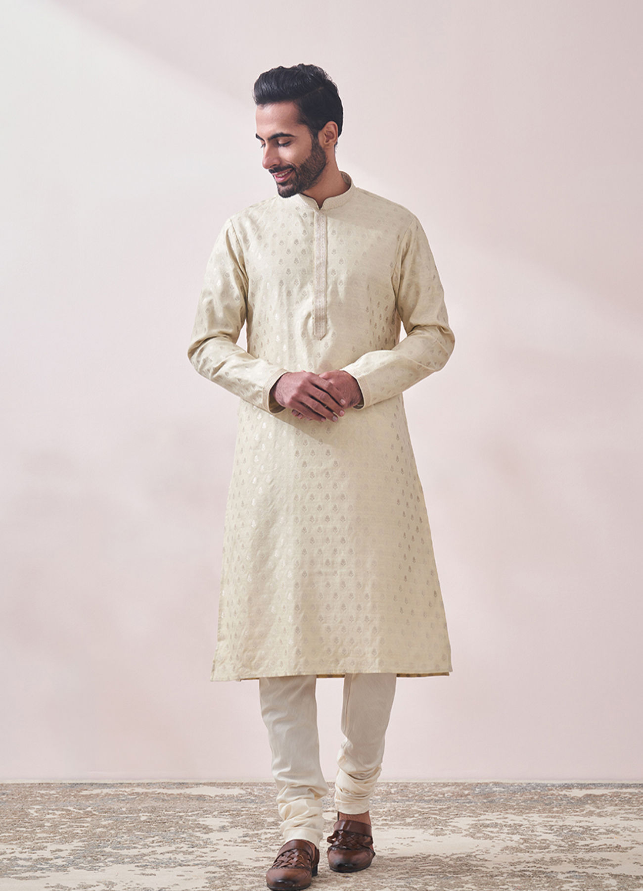 Twamev Men Vanilla Cream Jacquard Kurta Set