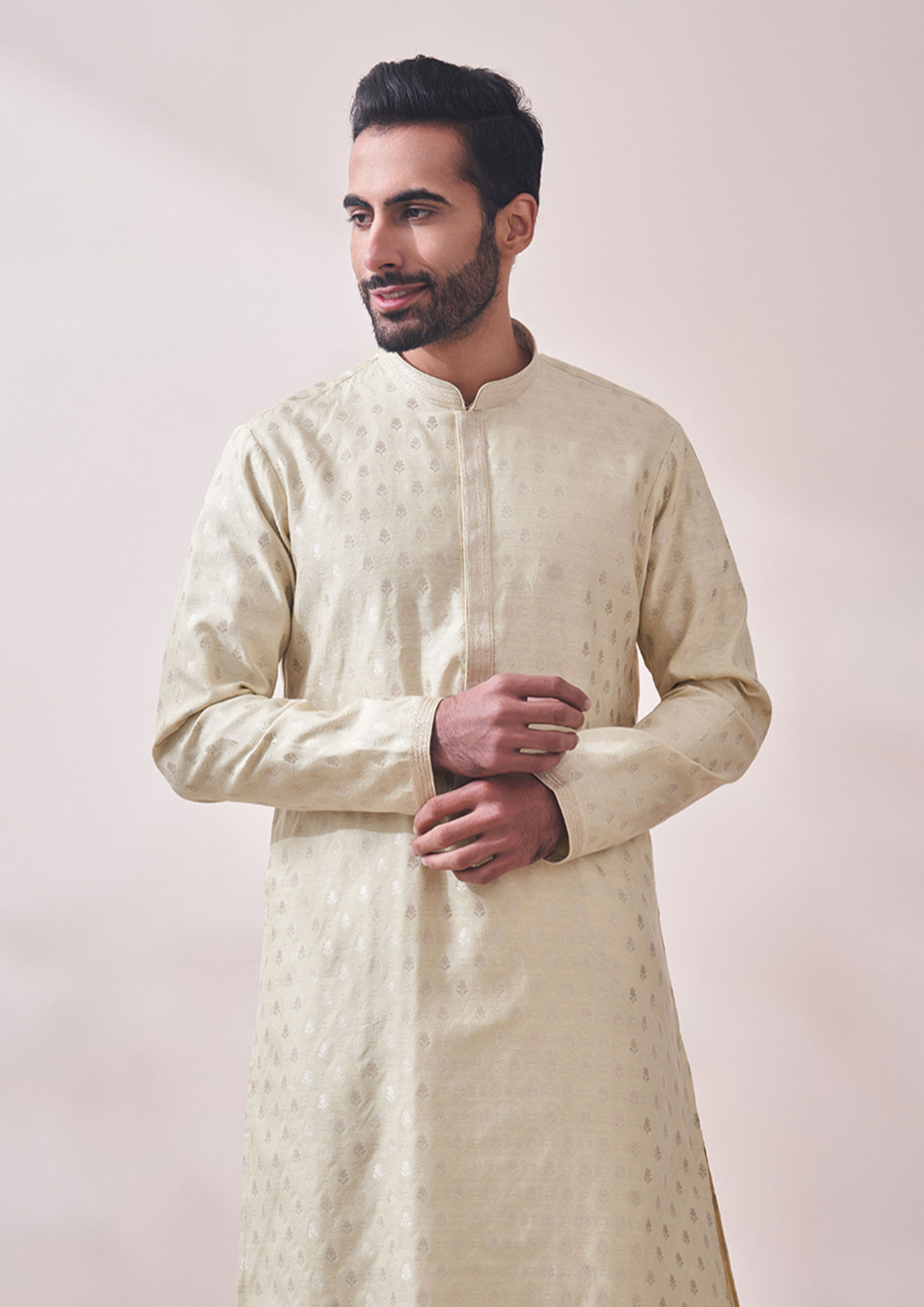 Twamev Men Vanilla Cream Jacquard Kurta Set