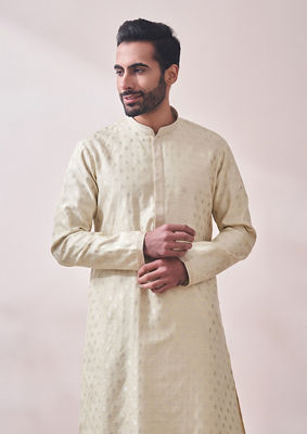 alt message - Twamev Men Vanilla Cream Jacquard Kurta Set image number 0