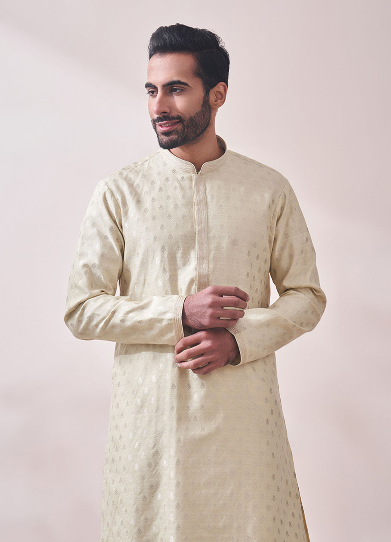 Twamev Men Vanilla Cream Jacquard Kurta Set
