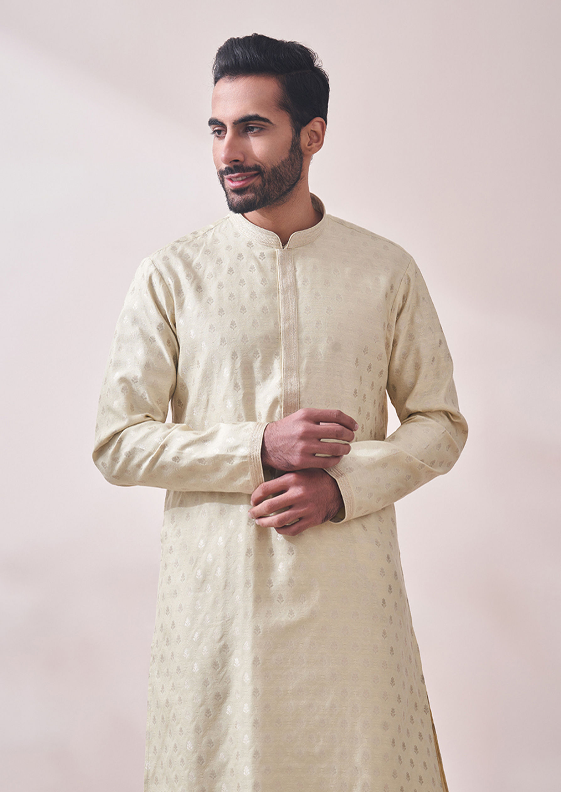 Twamev Men Vanilla Cream Jacquard Kurta Set