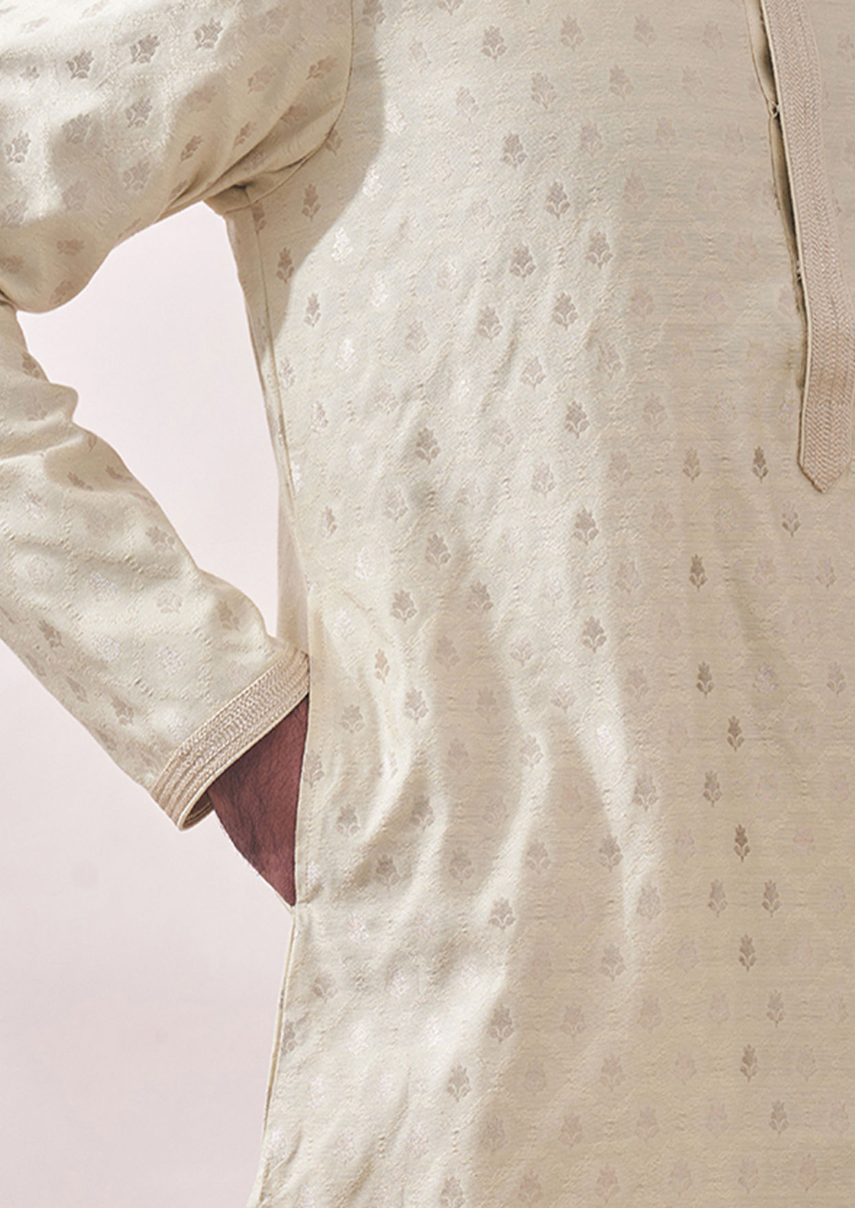 alt message - Twamev Men Vanilla Cream Jacquard Kurta Set image number 2