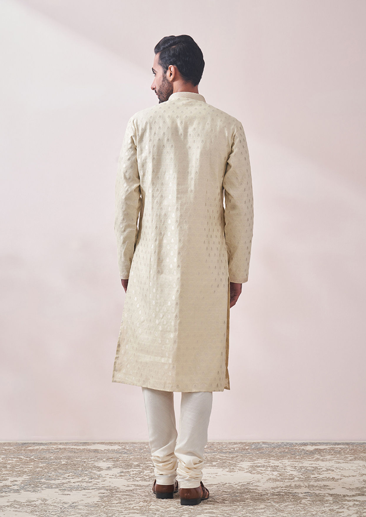 alt message - Twamev Men Vanilla Cream Jacquard Kurta Set image number 3