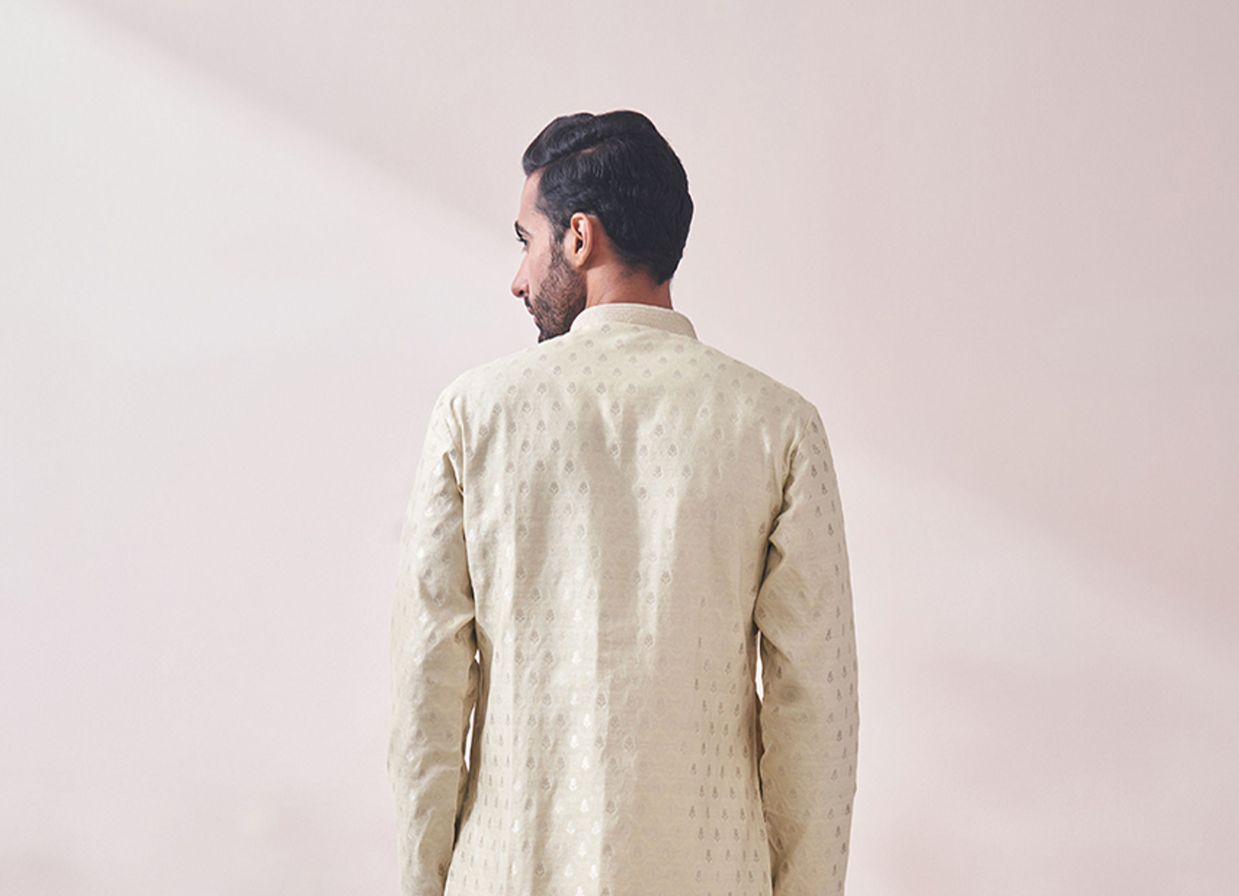Twamev Men Vanilla Cream Jacquard Kurta Set