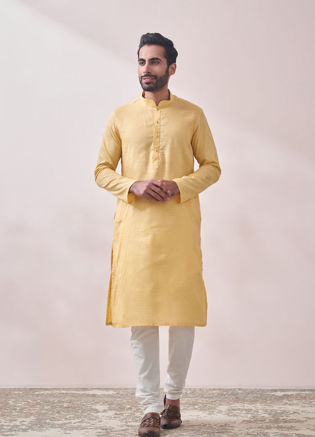 alt message - Manyavar Men Classy Yellow Kurta Set image number 1