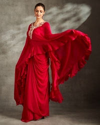 Twamev Women Rani Pink Silk Neck Embroidered Ruffle Cape Top With Draped Skirt