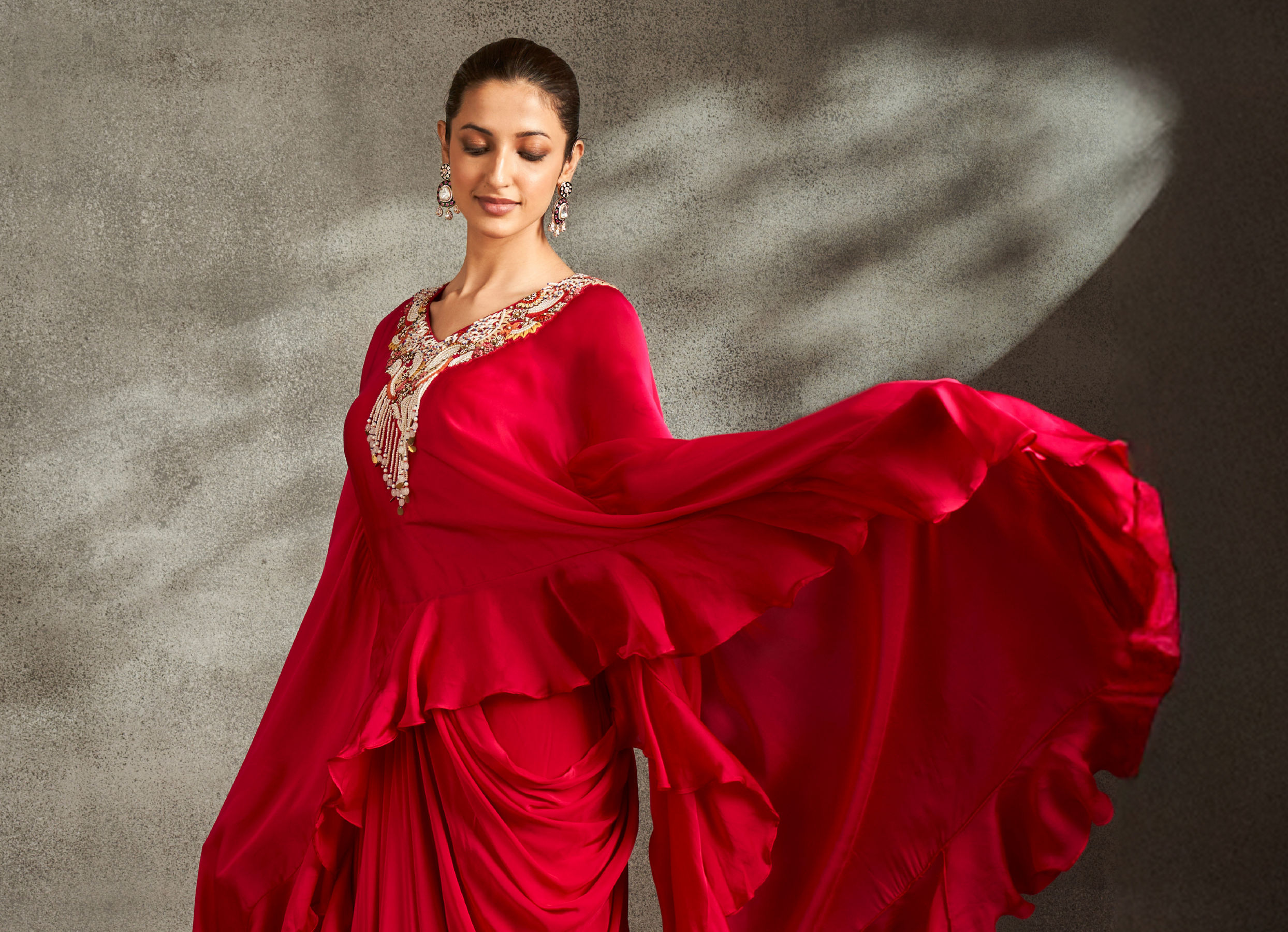 Twamev Women Rani Pink Silk Neck Embroidered Ruffle Cape Top With Draped Skirt