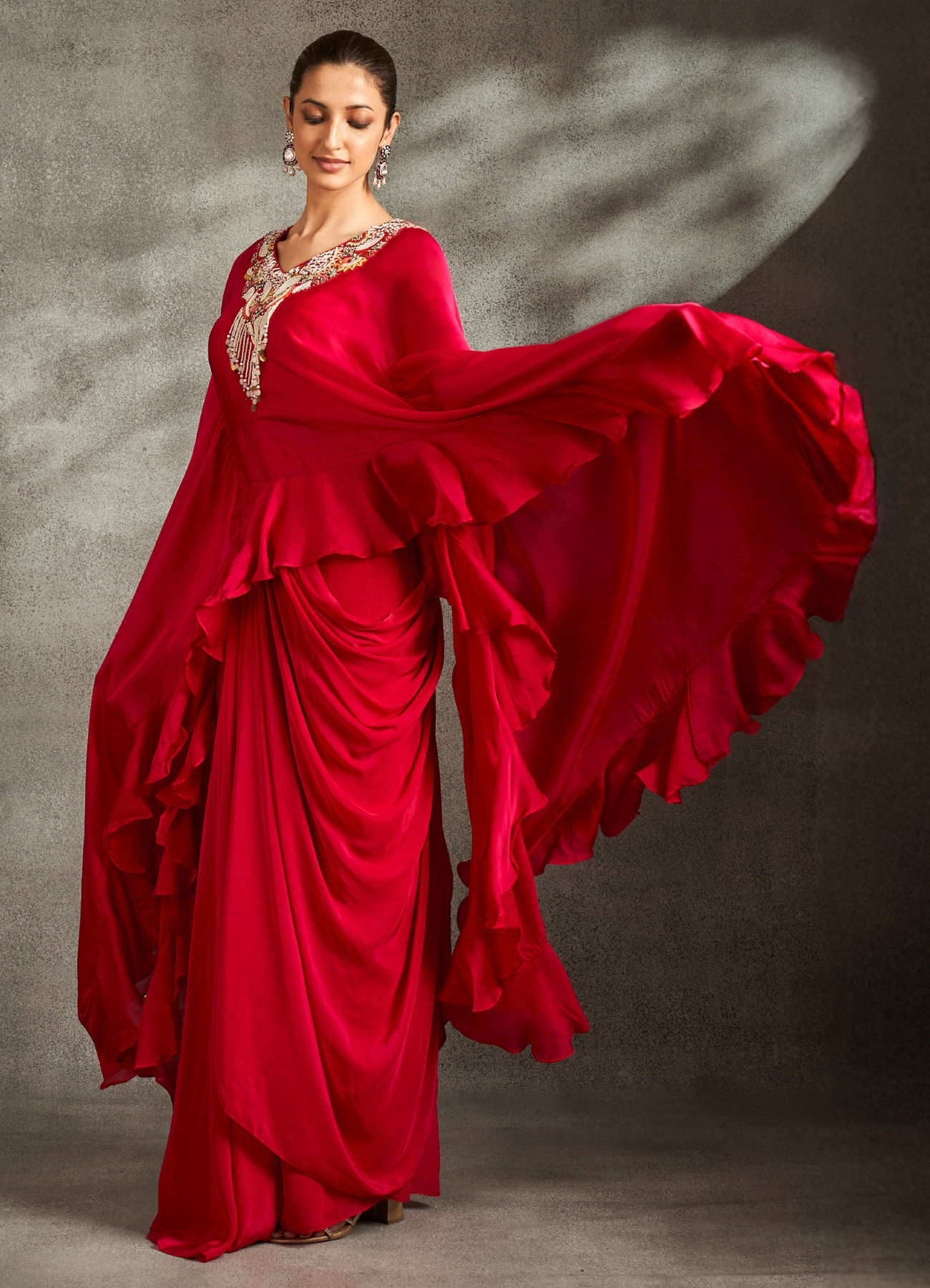 Twamev Women Rani Pink Silk Neck Embroidered Ruffle Cape Top With Draped Skirt