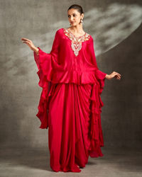 Twamev Women Rani Pink Silk Neck Embroidered Ruffle Cape Top With Draped Skirt