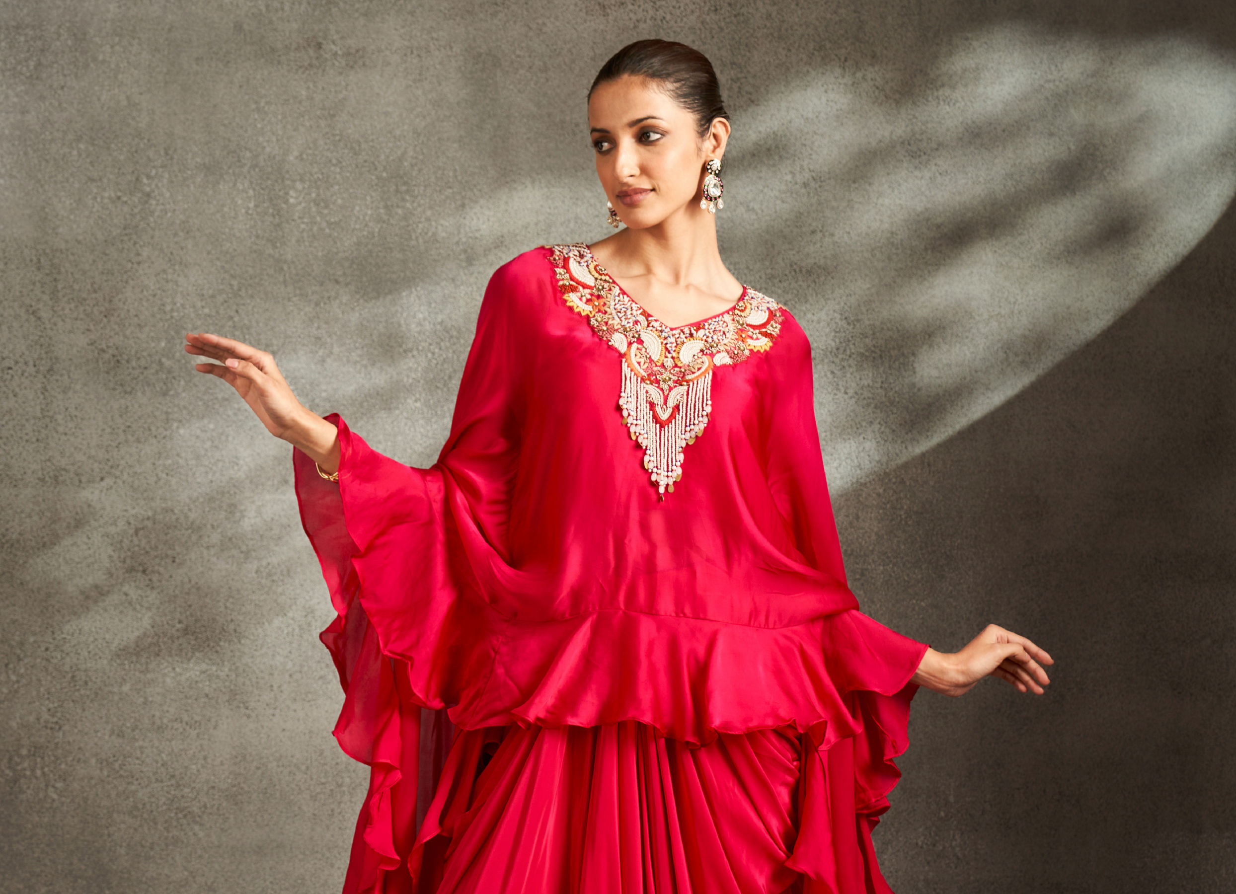Twamev Women Rani Pink Silk Neck Embroidered Ruffle Cape Top With Draped Skirt